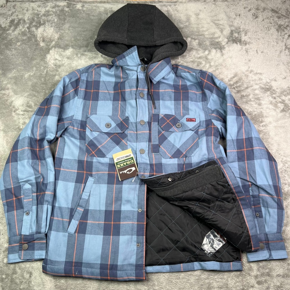 Drake Campfire Flannel Hoodie Mens Medium Blue Plaid Quilted Lined Jacket